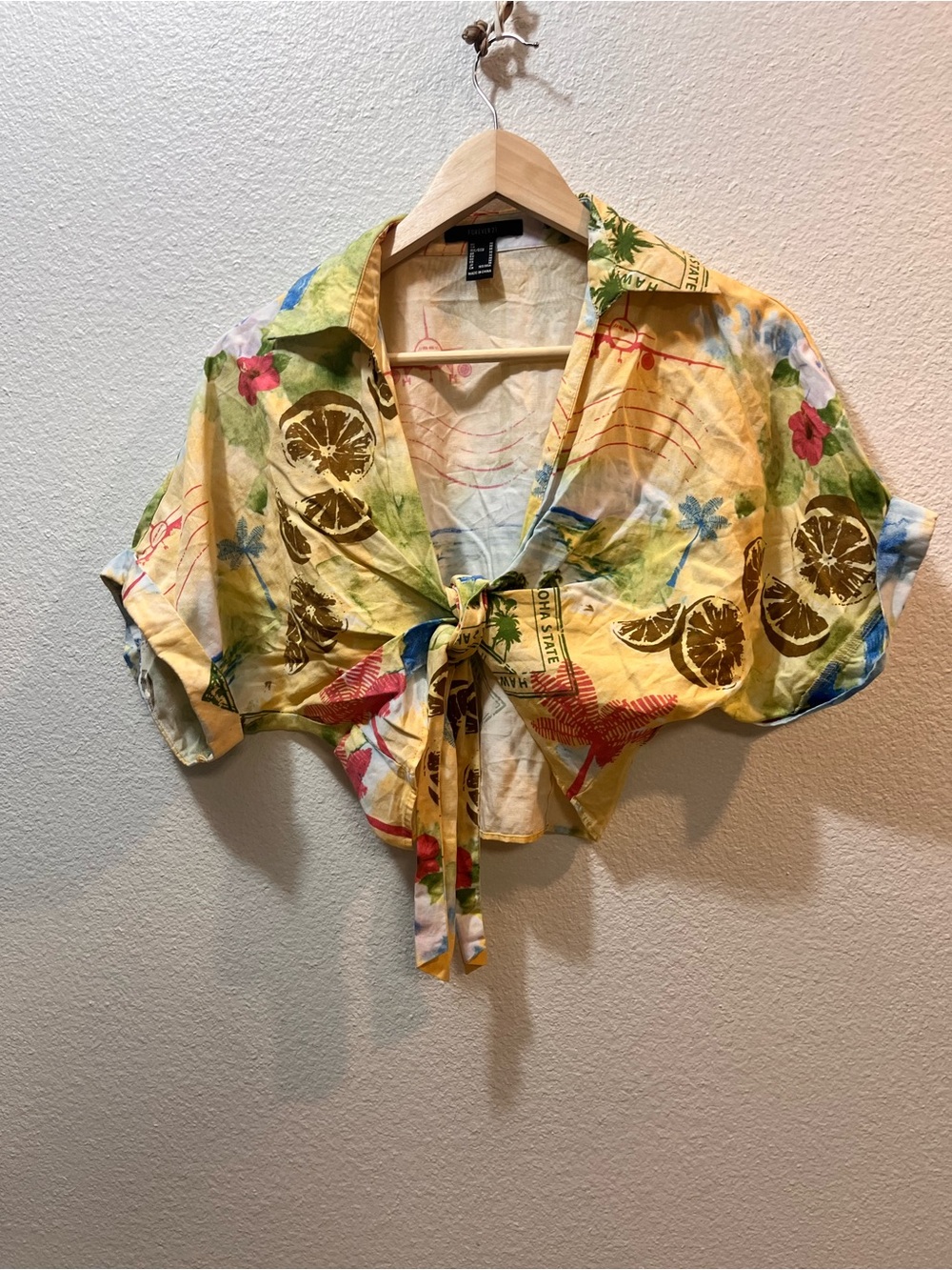 Forever 21 Yellow Tropical Tie-Front Crop Top